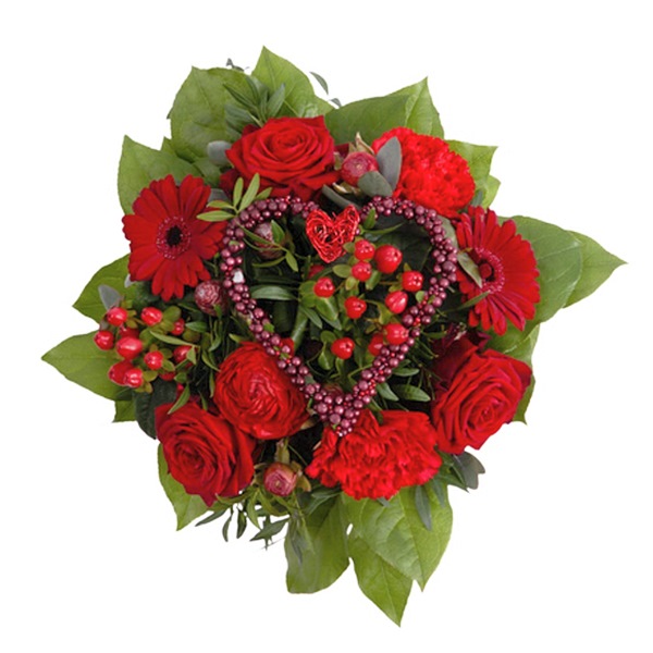 Kærlighedsbuket med fantastiske røde blomster og et hjerte