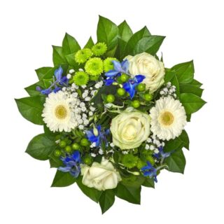 Lav, tæt buket "Den maskuline" med blå og hvide blomster