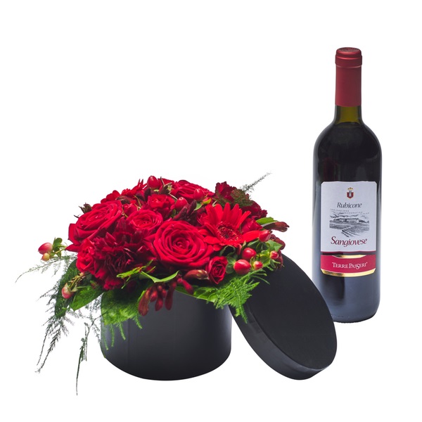 Lovebox - buket af roser i æske med en flaske rødvin