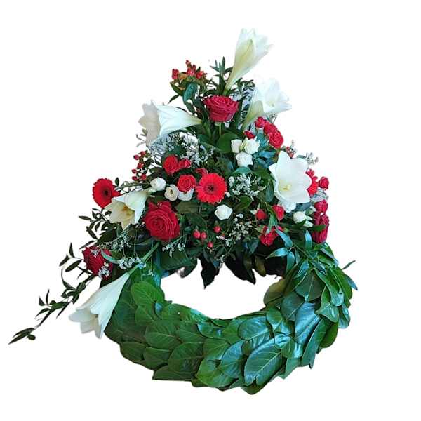 Smuk krans til begravelse med blomster dekoration i Dannebrogs farver - Holst Blomster Nexø